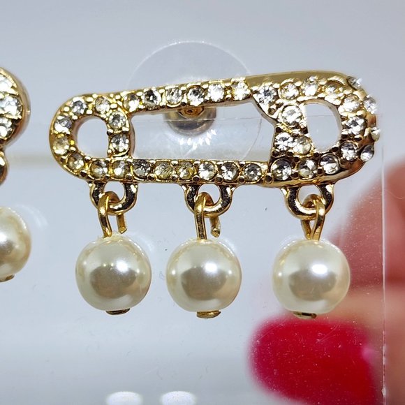 Betsey Johnson Diaper Pin Pearl and Rhinestone Accent Gold Pierced Earrings - Picture 6 of 11